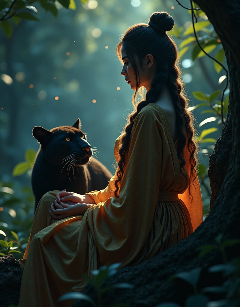 Under the cloak of night,,Mysterious scene unfolds。A beautiful 2 female warrior,Manners are elegant,Sitting gracefully on a branch,Surrounded by dense tropical forests,Weird atmosphere。Carefully braided hair cascades down like a golden waterfall。Her magnificent robe, embellished with tiger stripes, shimmered in the soft glow of the magical fireflies that fluttered around her.。Beside her,A sleek black panther blends into the darkness,Its presence is subtle and majestic。The camera captures a long shot,Showing her full body against a surreal background。A symphony of dark colors and dramatic lighting creates a visual masterpiece,Reminiscent of the cinematic style of Zhang Jingna's photography。Unreal Engine 5 brings this surreal scene to life in 8k resolution,Every detail has been carefully crafted,To achieve maximum visual impact。