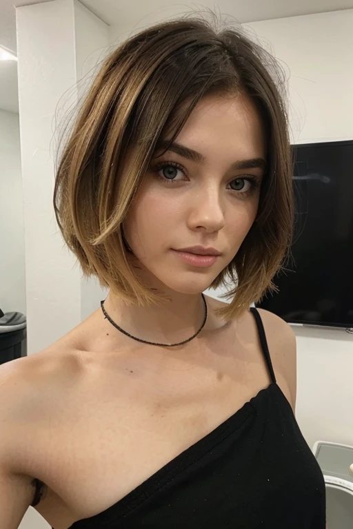 Young pretty woman, Eastern country, Vairo eyes, with a gradient bob haircut with blond hair