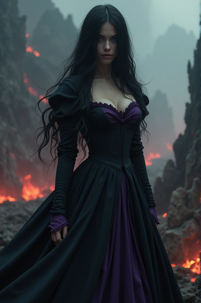(masterpiece, photorealistic:1.4, extremely intricate:1.6), (photon mapping, radiosity, physically based rendering, ultra resolution, hyper-realistic, photorealistic:1.4, hyper-realistic, 8K, dtx), ((fourteen years old [model:goth:0.5], (teenage girl, ((organza lace black long dress, lace gloves), wind, windy), red cloak, filigree, etched, long straight [glossblack hair:purple hair:0.6], [large breasts:medium breasts:0.6], [blue eyes:green eyes:0.9]), [from below:side view:0.3], dynamic fighting action pose)), Fantasy, (metal reflections), BREAK, (((she stands on a barren snowcovered mountainside, in a ((snowstorm, sunrise, flurries), arms raised, powerful, smirking, (bokeh)))))