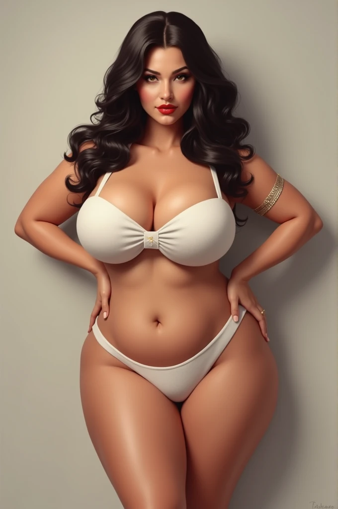 Create a woman in panties make her with bigger thighs and big ass and big breasts