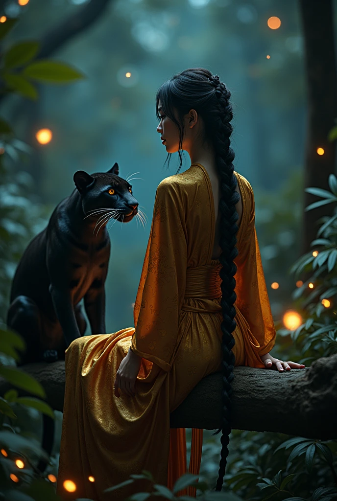 Under the cloak of night,,Mysterious scene unfolds。A beautiful 2 female warrior,Manners are elegant,Sitting gracefully on a branch,Surrounded by dense tropical forests,Weird atmosphere。Carefully braided hair cascades down like a golden waterfall。Her magnificent robe, embellished with tiger stripes, shimmered in the soft glow of the magical fireflies that fluttered around her.。Beside her,A sleek black panther blends into the darkness,Its presence is subtle and majestic。The camera captures a long shot,Showing her full body against a surreal background。A symphony of dark colors and dramatic lighting creates a visual masterpiece,Reminiscent of the cinematic style of Zhang Jingna's photography。Unreal Engine 5 brings this surreal scene to life in 8k resolution,Every detail has been carefully crafted,To achieve maximum visual impact。