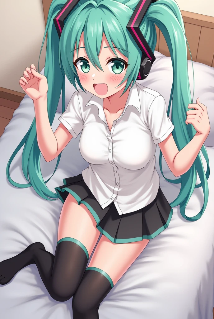 hatsune miku, farting, sitting on bed, angry, cute, fart, thigh high socks