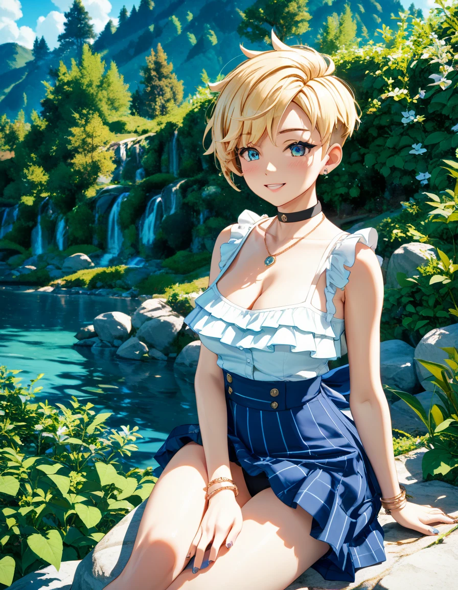 (Highest quality, 4K, 8k, High Resolution masterpiece:1.2), Very detailed, Picturesque, Anime-style photos, Photo Animation:1.37)、a beautiful girl、(blonde Hair)、(pixie cut)、Black choker、pierce、necklace、bracelet、slut