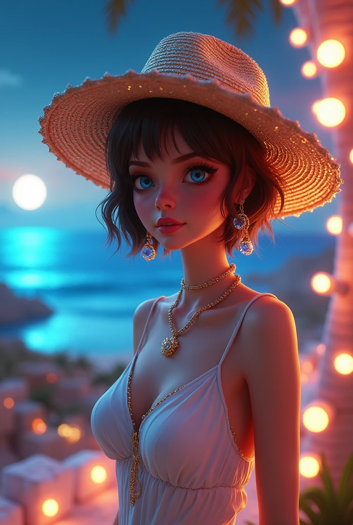 Pretty girl, short brown hair, real cartoon 3D, masterpiece, night vision, night vision,1girl, wearing beautiful fashionable casual clothes, wearing a beautiful sparkling straw hat, blue ocean eyes, highest quality, fantasy, vibrant colors, futuristic, sparkling jewelries, sparkling riches, highest quality, curve body, night version,real cartoon 3D 