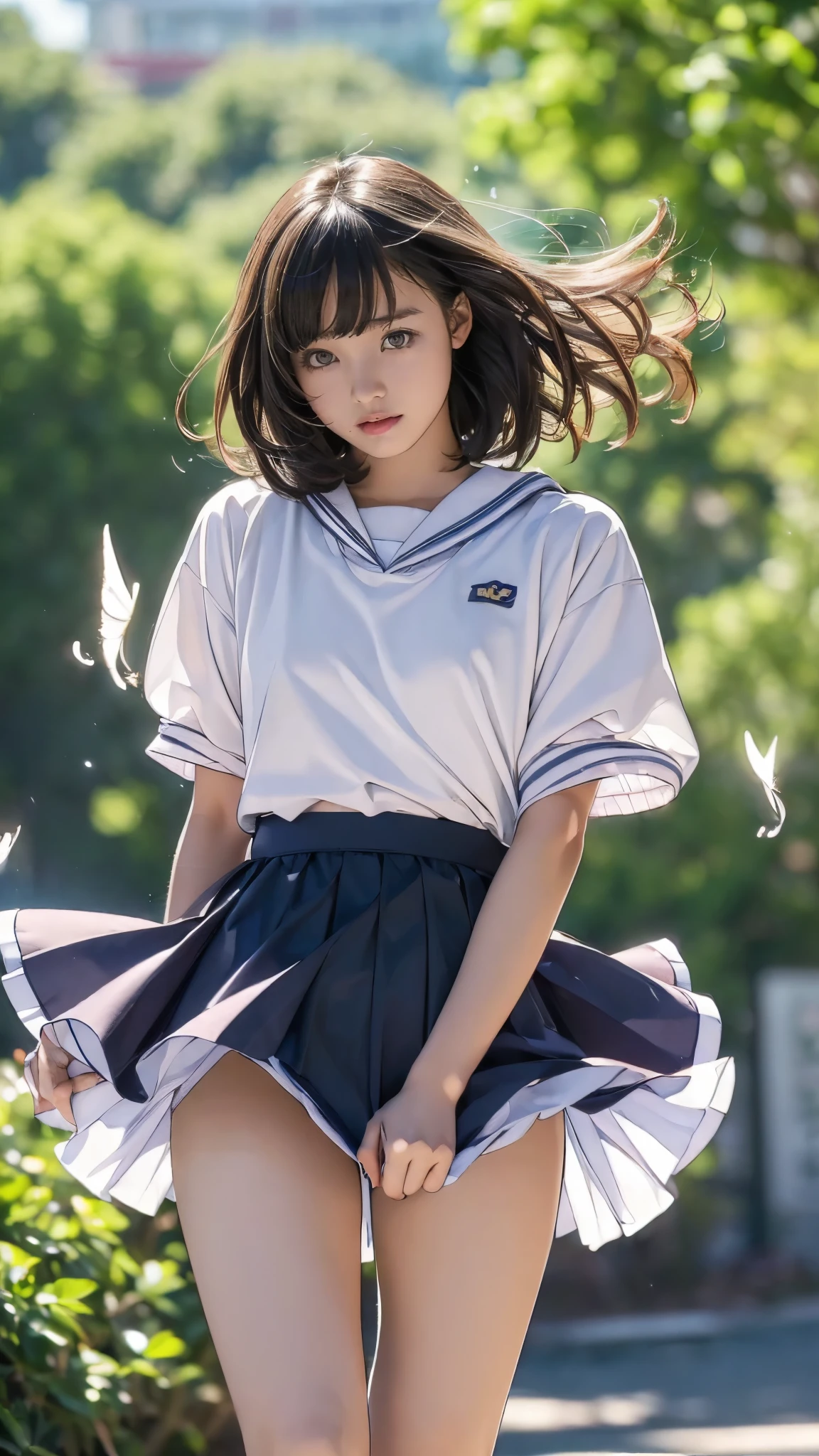 (((Innocent and cute junior high school student))), (A strong wind makes her skirt flutter:1.4), ((I can see your underwear:1.3)), Beautiful bob cut, Immersion, Beautiful Eyes, Ultra-high resolution, ((Thin thighs, Inner thigh)), Slender body line, ((Tight waist:1.2)), (Japanese Idols, Baby Face,  beautiful girl), (Perfect Anatomy:1.2), Beautiful breasts, (Highest quality、Highest quality、masterpiece、Ultra-high resolution、reality:1.37), (Detailed eyes and face:1.3、Professional photography techniques)、(Fine hand、Right Action:1.1)、((Beautiful hair and skirt fluttering in the wind:1.4))