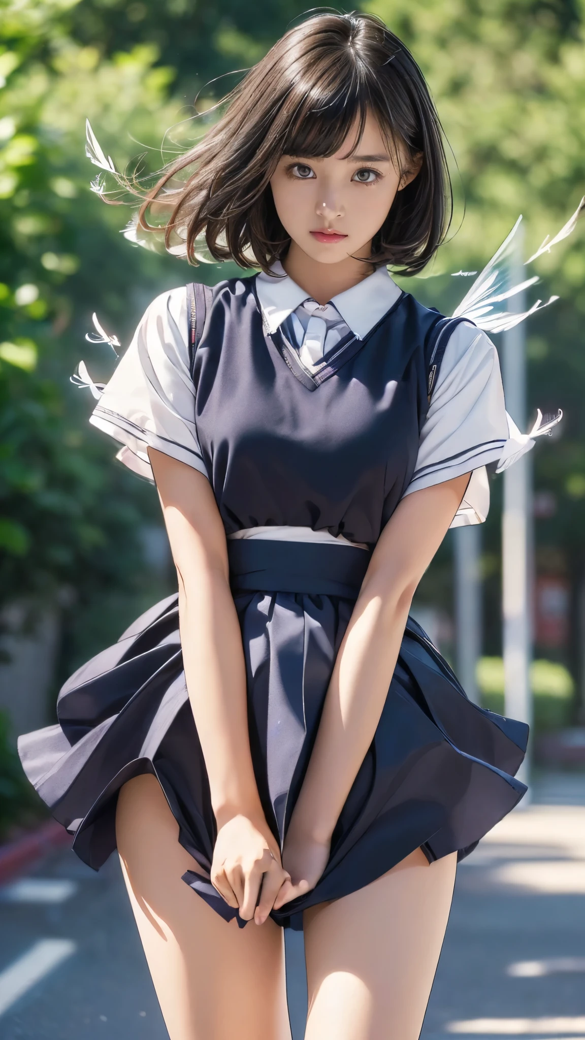 (((Innocent and cute junior high school student))), (A strong wind makes her skirt flutter:1.4), ((I can see your underwear:1.3)), Beautiful bob cut, Immersion, Beautiful Eyes, Ultra-high resolution, ((Thin thighs, Inner thigh)), Slender body line, ((Tight waist:1.2)), (Japanese Idols, Baby Face,  beautiful girl), (Perfect Anatomy:1.2), Beautiful breasts, (Highest quality、Highest quality、masterpiece、Ultra-high resolution、reality:1.37), (Detailed eyes and face:1.3、Professional photography techniques)、(Fine hand、Right Action:1.1)、((Beautiful hair and skirt fluttering in the wind:1.4))