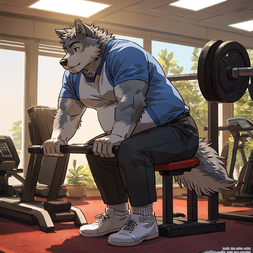 chubby, dad , wolf , gray fur , no eyebrows, white socks office pants , working out , highly detailed, realistic, 4k, best quality, masterpiece, vivid colors, physically-based rendering, by artdecade, by rossciaco