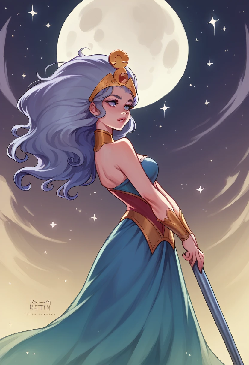 A majestic goddess who embodies the moon's ethereal beauty and the mysteries of the night. She stands atop a mountain peak, her form glowing softly under the full moon's light. Her hair is long and silver, flowing like water down her back, and her eyes reflect the moon's glow with a soft, silvery light. She wears a flowing gown made of moonlight and mist, which shimmers and shifts with her movements. A crescent moon crown sits atop her head, and in her hand, she holds a silver scepter adorned with moonstones. The sky around her is a deep, velvety black, studded with stars, and the landscape below is bathed in a serene, pale light.