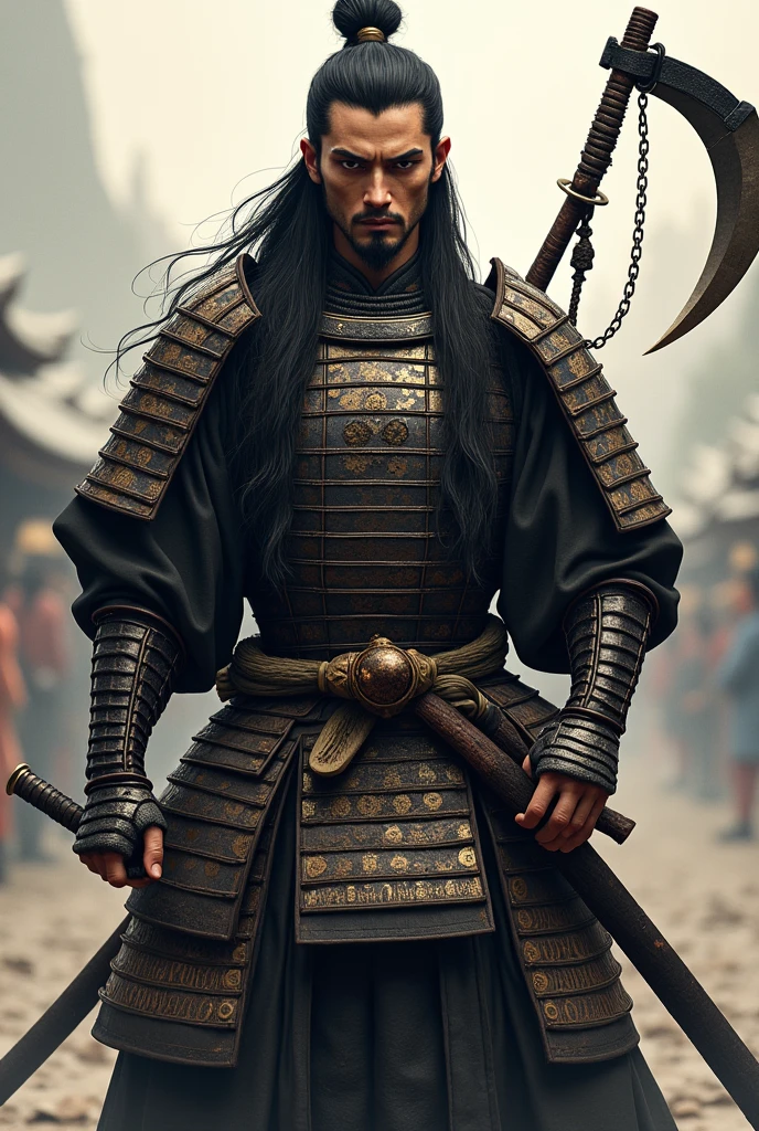 Male samurai of the Sengoku period、Long black hair、Her hair is down to her waist、Wearing armor、He is holding a gourd-shaped thin gunbai fan and a large sickle attached to his weapon by a chain.