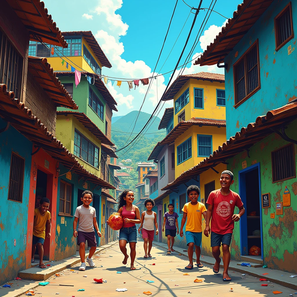 Black children from the periphery, with a cap and wearing adidas and nike clothes, They're happy in the favela of Rio de Janeiro