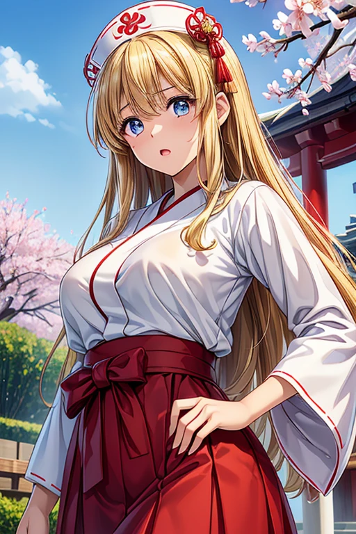 asuna, masterpiece, best quality, detailed, (1 girl), alone, detailed golden eyes, long hair, permanent, Be close to the audience, (detailed kimono), A faint smile, Medium breasts,  (Put your arms behind your back), water, Sunset, (hair accessories), (cherry blossoms in bloom),  Snowy mountains and lake in the background，Large Breasts，Smile