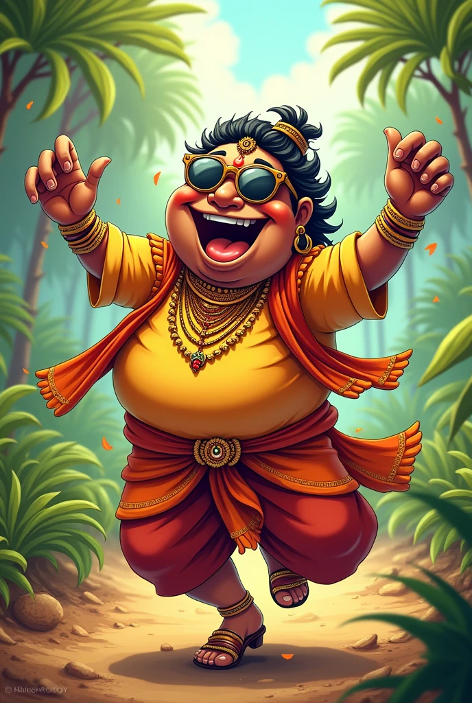 Appears to depict a 3D animated character,possibly modeled in the style of a traditional Indian royalty or deity, with exaggerated features for comical or friendly effect. The character is a smiling, wide-eyed, moustached male.He wears a gold crown adorned with red jewels and has long, wavy black hair. His attire includes a white dhoti, various gold ornaments such as necklaces, earrings, bangles, and holds a Marshall speaker in his left hand. His expression is happy and surprised, and the overall style is energetic and cartoonish.He was fat man
