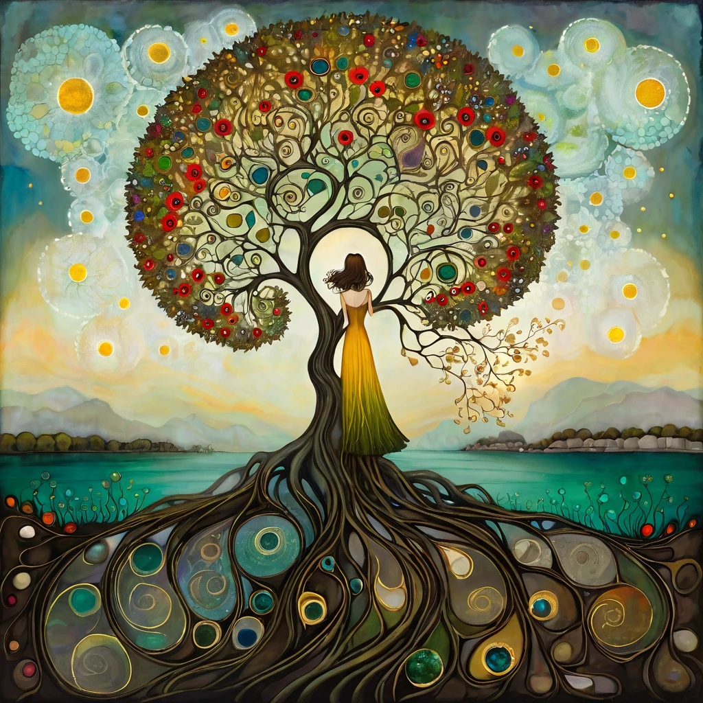 oil and acrylic painting In the Style of Andy Kehoe and Tracy Grimwood, Catrin Welz-Stein, Klimt.. yggdrasill tree, large roots like blown glass tubes sinking into the ground, stained glass branches rising high into the sky, woman with dark blond hair, waved by the wind, dress made of flowers and leaves . iew of a lake with mustard-colored, emerald waters. Blooming dandelion flowers, poppies, marsh flowers, orchid blossoms. Disc-shaped sun of polychrome gemstones and with dimarmored spirals. Warm colors, and cold colors skillfully blended.
