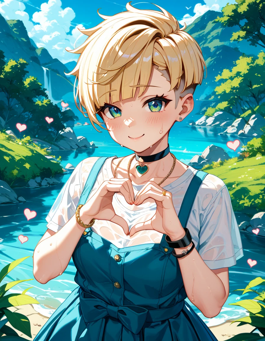 (Highest quality, 4K, 8k, High Resolution masterpiece:1.2), Very detailed, Picturesque, Anime-style photos, Photo Animation:1.37)、a beautiful girl、(blonde Hair)、(pixie cut)、Black choker、pierce、necklace、bracelet、heart hands、bitch、sweat、