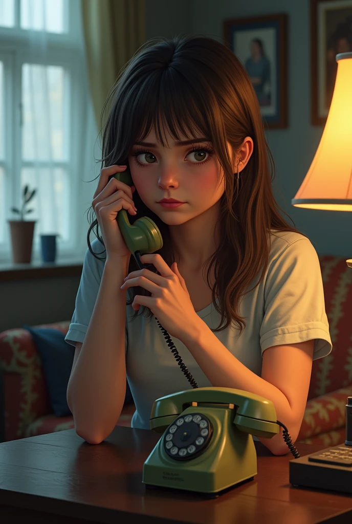 1girl, blurry, blurry background, blurry foreground, depth of field, lips, lying, nose, open mouth, photorealistic, realistic, short hair, solo, teeth, cigarette in hand, cigarette, old phone, phone, dial phone, holding, holding cigarette, holding phone,