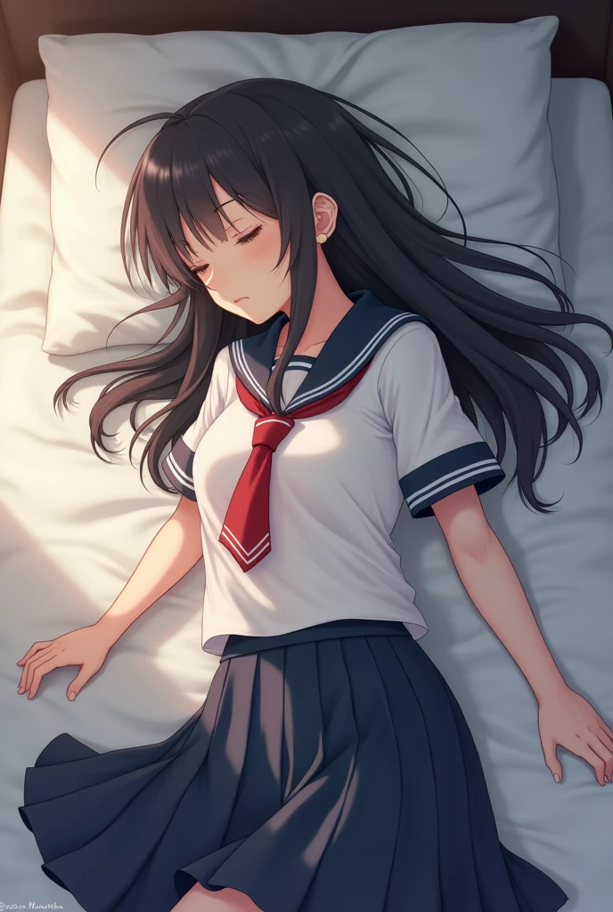 masterpiece,Highest quality,High resolution,shape,Very detailed,8k wallpaper,Ray Tracing,girl,(Black Hair:1.1),((Long Hair:1.1)),(Black Eye 1:1.1),Straight hair,Medium Chest,((embarrassing 1:1.3)),((Female organ 1:1.3)),((white short sleeve sailor uniform:1.2)),Her Room,School Swimsuit,Lie down