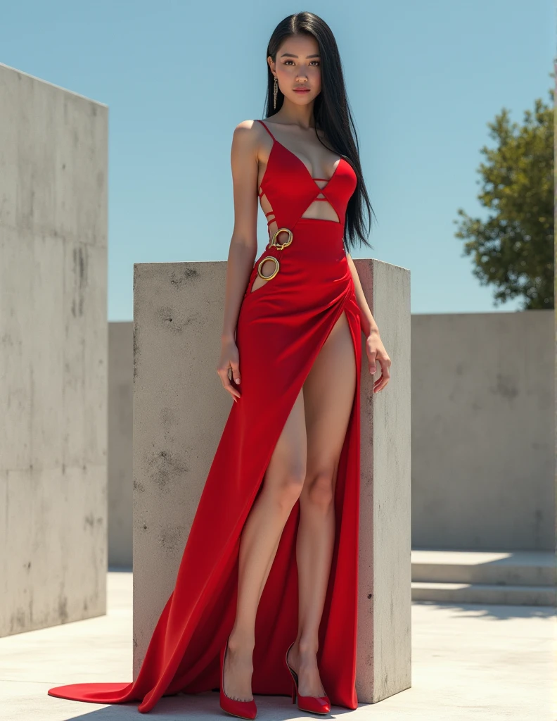 A cinematic photo of a stunning model in red with open shoes, luxury dress, in the style of multi-layered textures, ornate details, gothic core, highly detailed, photorealism, attractive, gorgeous beauty, as she stands dominantly and confidently in a desolate, dark post-apocalyptic cityscape, capturing the stark juxtaposition of beauty and decay, with the model's flawless skin glowing like a beacon of hope amidst the ravaged urban landscape. photographed with a focused depth of field to blur the bleak surroundings, emphasizing her striking, rebellious pose. full body, golden hour.