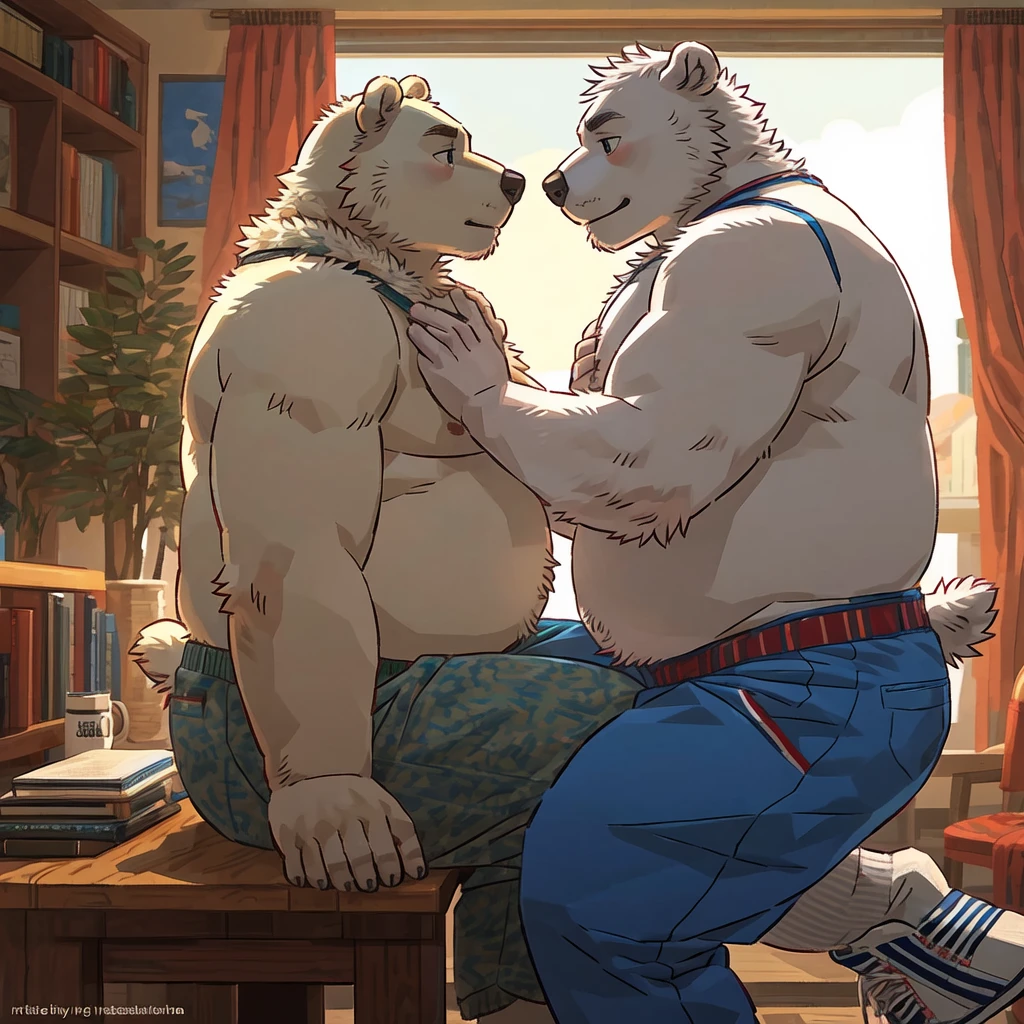 , Musclegut, big chest, cute bear boy, Brown body hair, blush, embarrassed, grit your teeth, Scarf, T-shirt, sneakers, squat, masturbate together, Small dick, sweaty, A large amount of precum drips, winter, Material storage area