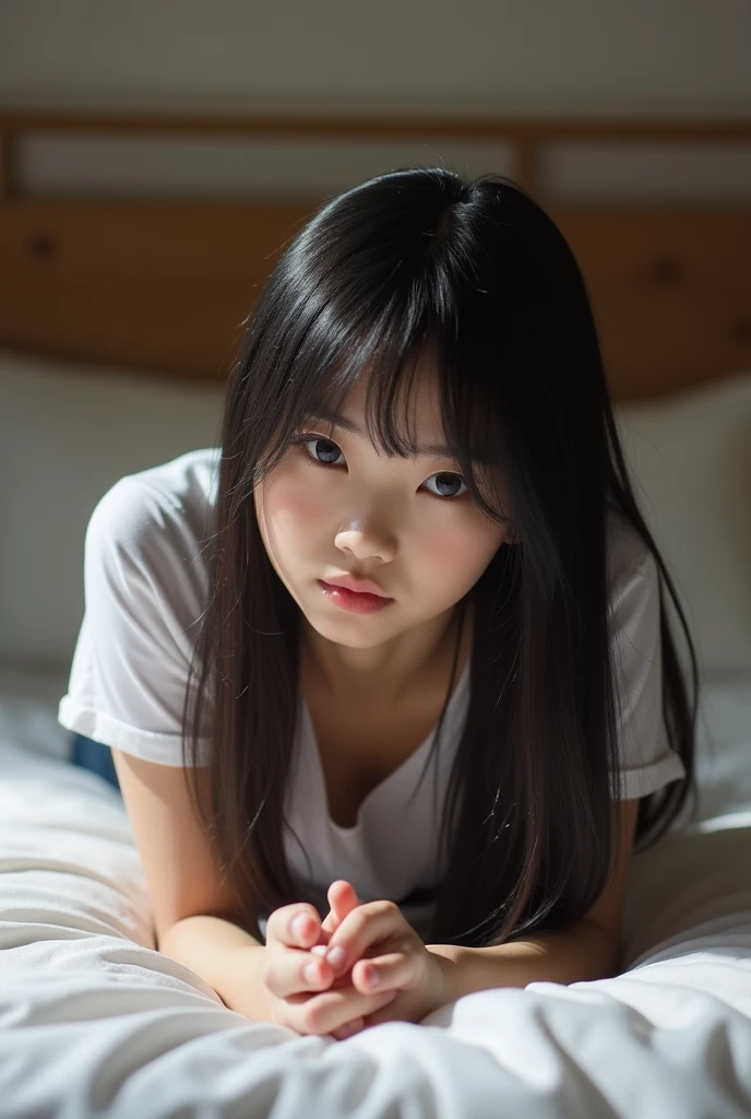 Best-quality, Masterpiece, Ultra-High-Resolution, (Photorealistic:1.4), Raw-Photo, Best-quality, Masterpiece, Ultra-High-Resolution, (Photorealistic:1.4), Raw-Photo, 1girl, ((the most famous Japanese idol, squatting on bed, wearing spring-clothes)), ((extremely cute face like the most popular Japanese idol, (((extremely beautiful big-black-eyes))), extremely beautiful hair)), extremely beautiful skins, extremely beautiful long-eyelashes, extremely beautiful lips, innocent smile