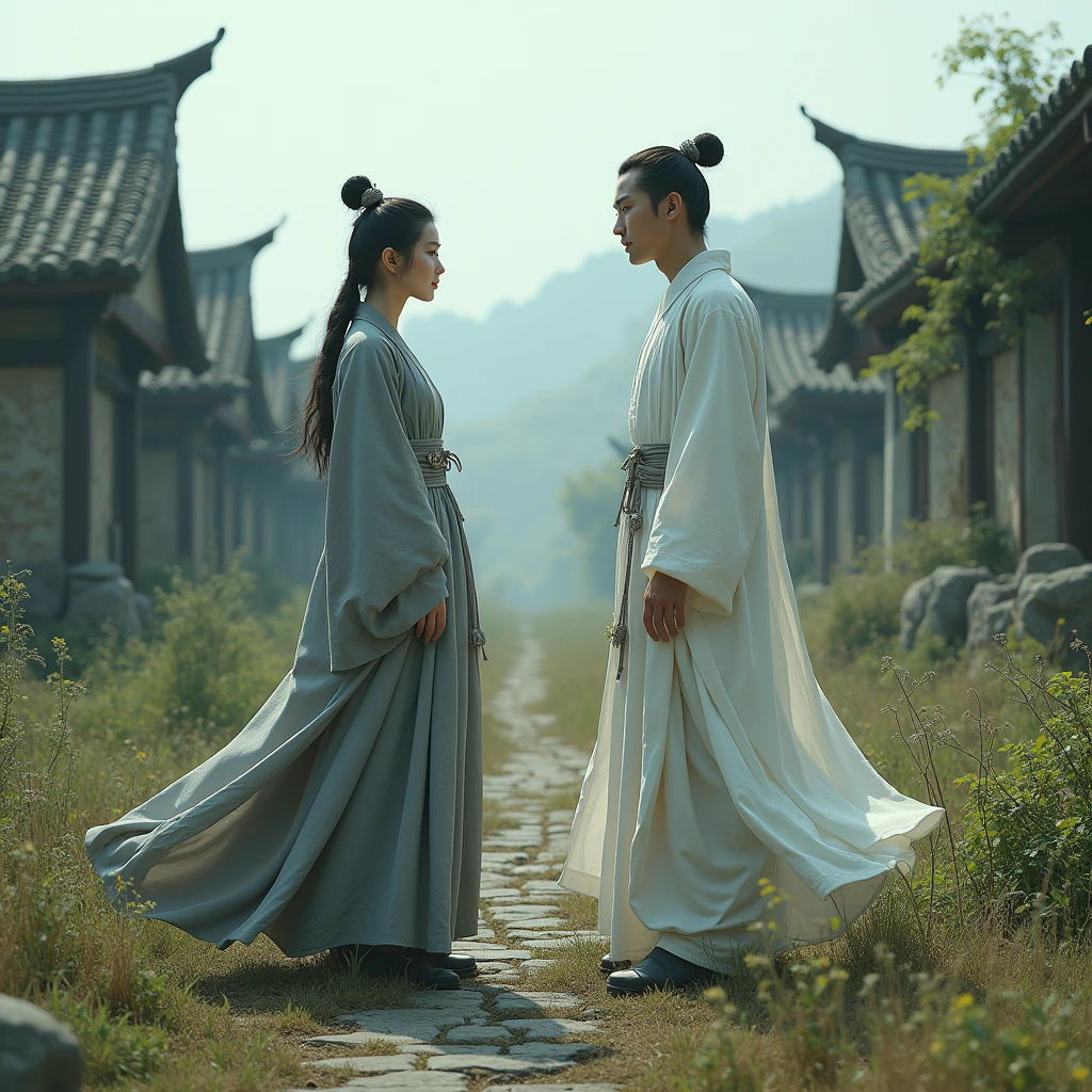 Tulle Hanfu man and Asian woman, Women against men, Black hair, short ponytail hair, Onyx-colored eyeballs, texture detail, Glowing skin, Sun, Spinning the feather sword, Motion blur background, Backlight, 8K, Super detail, Masterpiece, Best quality