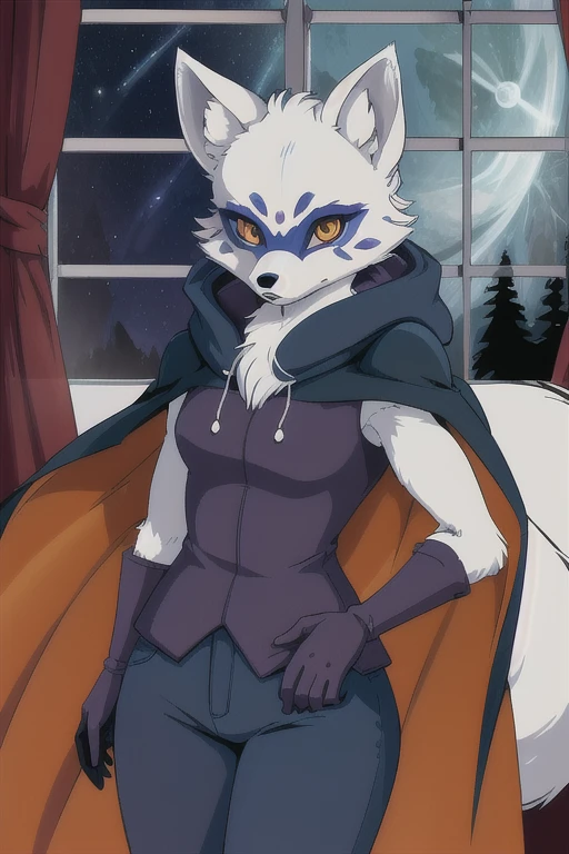 Alopex, arctic fox, furry, blue marks, tmnt, orange eyes, girl1, solo, cape, cloak, gloves, pants, best quality, masterpiece,, room, night, window, bed, 