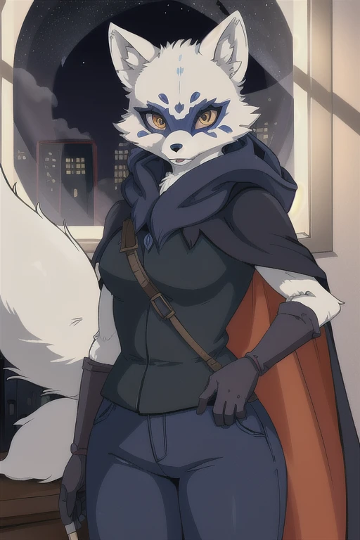 Alopex, arctic fox, furry, blue marks, tmnt, orange eyes, girl1, solo, cape, cloak, gloves, pants, best quality, masterpiece,, room, night, window, bed, 