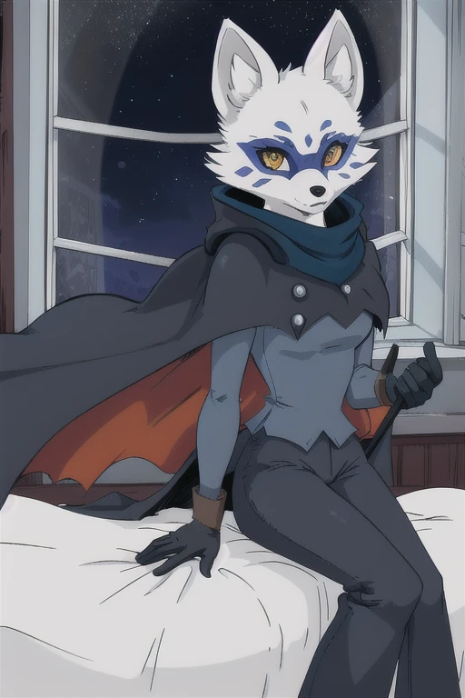 Alopex, arctic fox, furry, blue marks, tmnt, orange eyes, girl1, solo, cape, cloak, gloves, pants, best quality, masterpiece,, room, night, window, bed, 