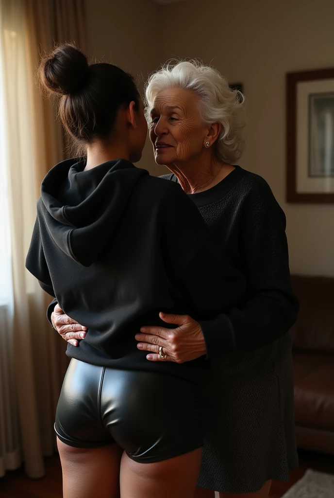 black woman hair in a bun black hoodie black leather short shorts being fucked in the ass by a old grandma in a dress