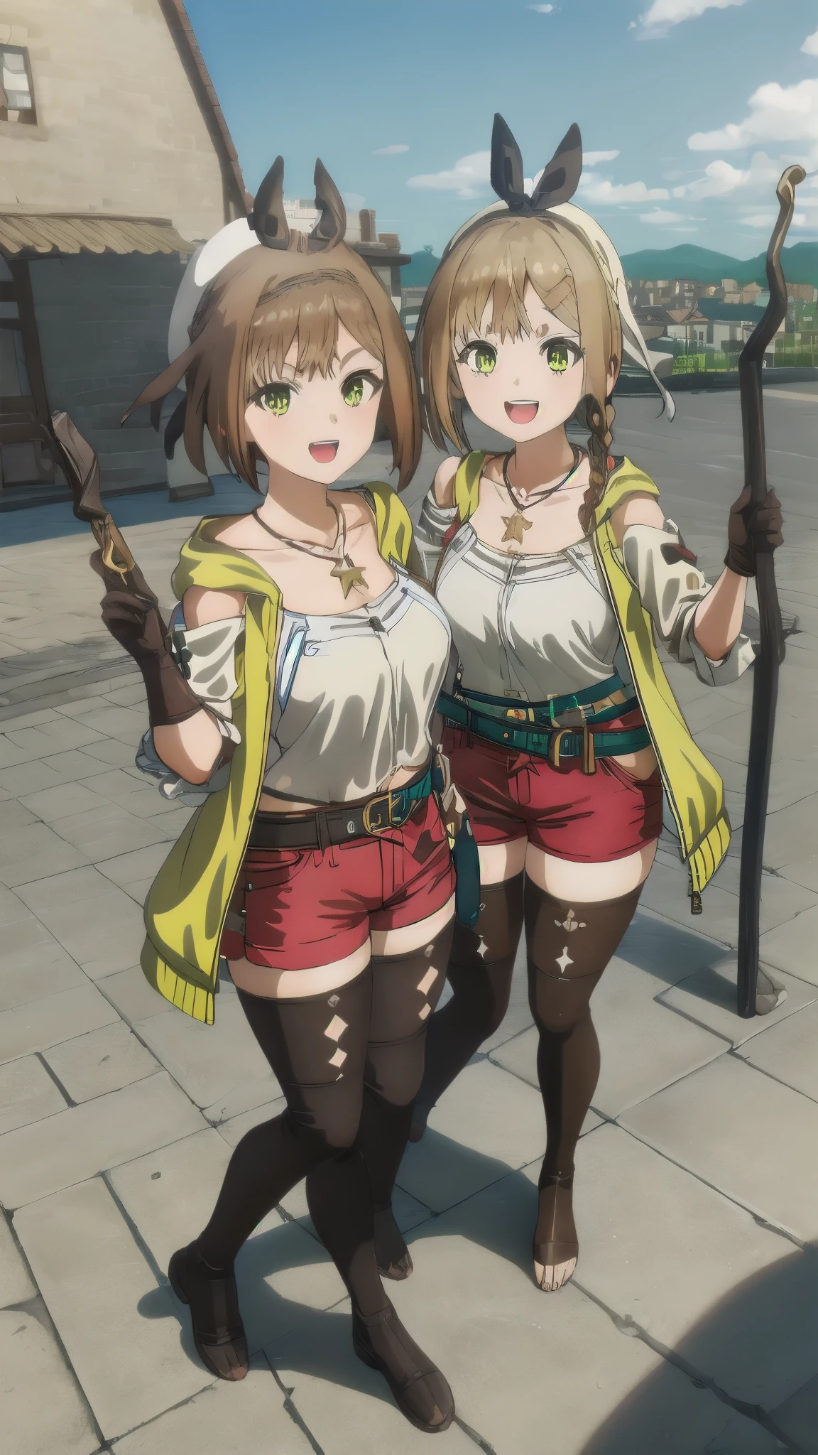Two women standing close together, 1人はReisalin Stout, The other is Klaudia Valentz, reisalinstout, reisalin stout, short hair, brown hair, hair ornament, brown eyes, hairclip, thighhighs, gloves, hat, jewelry, jacket, thighs, shorts, belt, necklace, star \(symbol\), short shorts, white headwear, brown gloves, single glove, yellow jacket, red shorts, leather, sleeveless jacket, star necklace, leather gloves, outdoors, landscape, village, open mouth, happy, flush, looking at viewer, dutch angle, cowboy shot,klaudia valentz, long hair, blonde hair, bow, ribbon, (eye:0.6),green eyes, braid, hairband, side braid,choker, smile, looking at viewer, are poor, cowboy shot, dutch angle, large,breasts,8k,Highest,quality,(highest quality:1.1), (masterpiece:1.4), (Confused:1.0), full body,