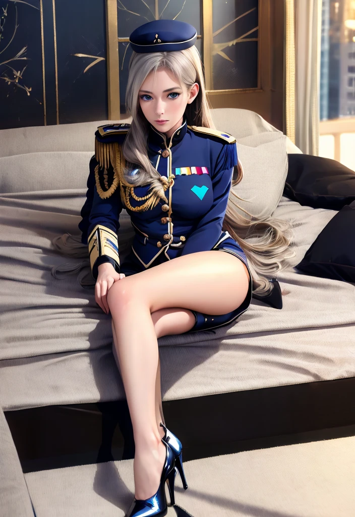 Celia\(Valcourt\), Celia\(uniform\),1girl, mature female, solo,
Blue eyes, 
black thighs, highheels, 
bed room, cushion, 
Best Quality, Highest Quality, Ultra-detailed, Masterpiece, illustartion, Ultra detailed background,