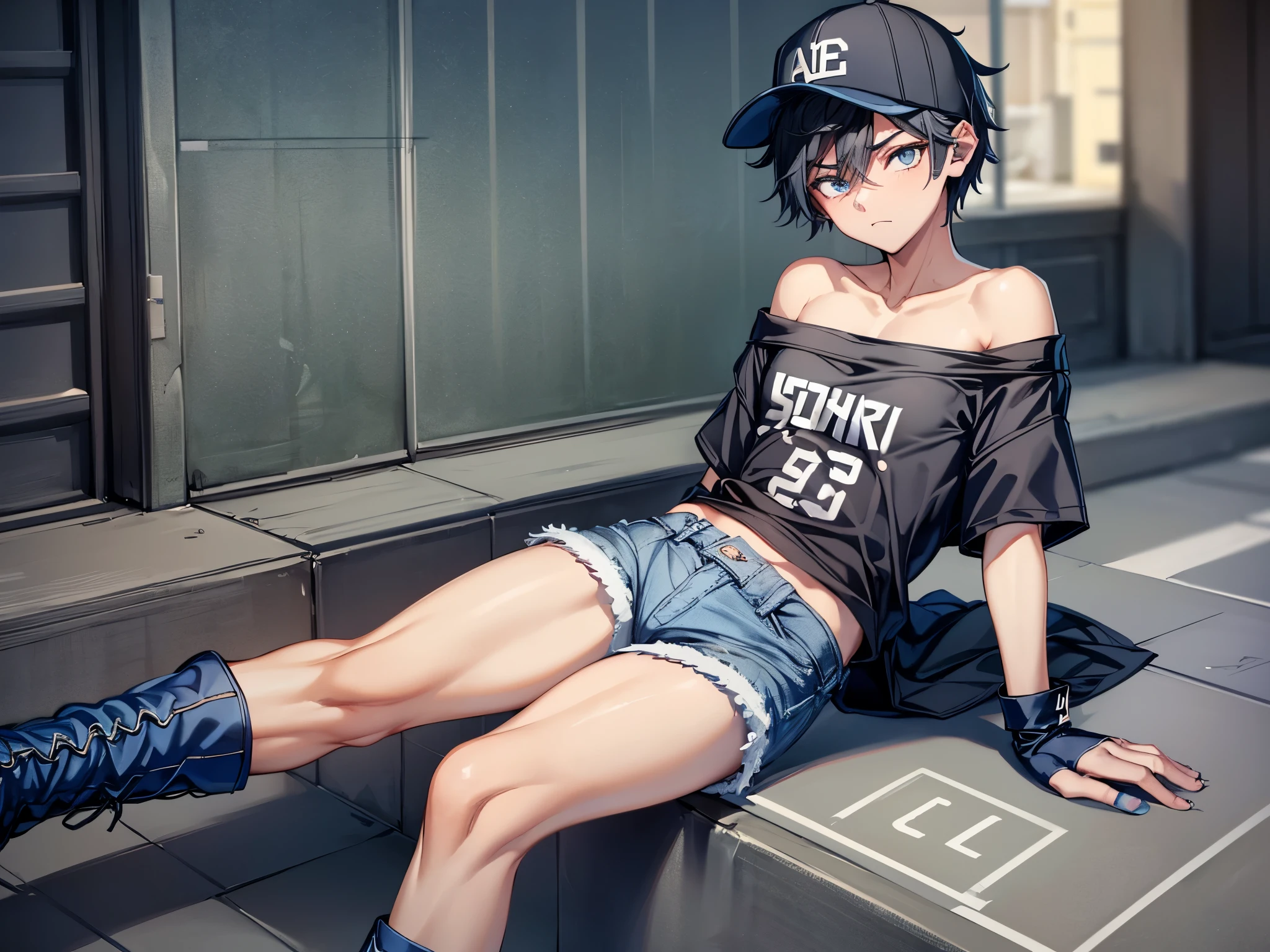 Inside the street,one boy,fem boy,black short hair,slender body,((full body)),((flat chest)),displeased,sulky,((baseball cap)),((blue off-shoulder shirt)),(denim micro shorts),((socks)),((boots)).