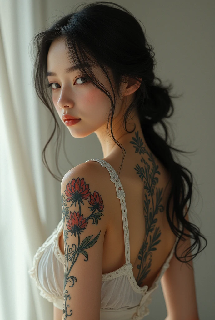 ((daytime、Real Light、beste-Quality、in 8K、A masterpice:1.3))、1人、beautiful a girl:1.4、Abs 2,0、Ass 1.5、Immaculate studio、(Bright long hair、Very small breasts)、White shorts:1.2、off shoulders、hyperdetailed face、Detailed eye、双眼皮、Full body piercing、Full body tattoo