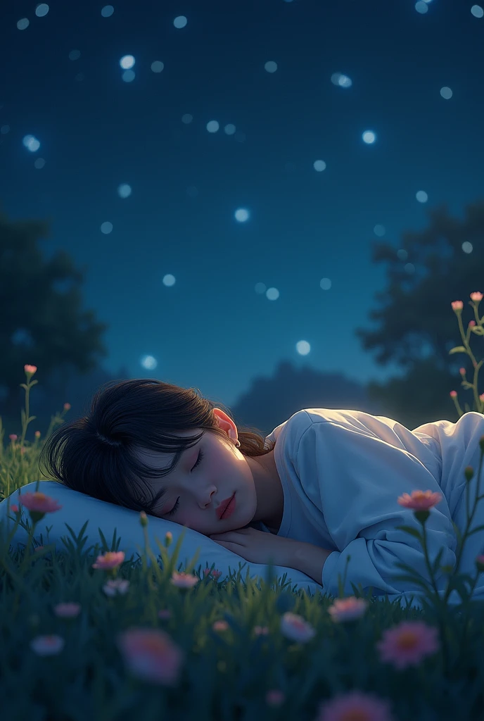 under the starry night sky,The boy was lying on the grass,Look up at the sky and the moon,Fireflies fly by from time to time。