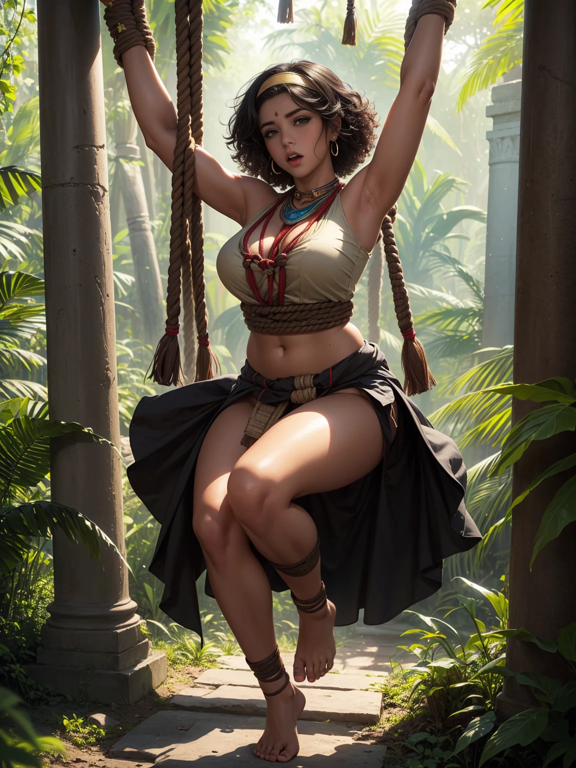 There's an elf (Arshes No de Bastard) elfa adulta de 30 anos nua, sem roupa, Morena, Latim, marrom (Peta Jensen), (Camgirl), (onlyfans) posando nua, is naked, with tribal tattoo on the arms, totally naked in a ruin scene for the ancients, Ancestral ruins, covered by vegetation and vineyards, realistic vegetation, Aztec Ancient Ruins, cinematic natural light, chuva leve caindo, leves pingos de chuva, dust particles in light, dust particles in the air, Bottom view, Viewing angle below, olhar de baixo para cima, olhando de baixo, close de baixo, MULHER SEXY, sensual, provocador, cabelos escuros, hair with a long braid over the chest, smaller braids tied along the head, pequenas amarras no cabelo |, olhar sexy, sensual, olhos verdes, branca, sarda no rosto, realista, boca entreaberta, sensualidade ao extremo, Seios enormes (Oppai), massive breasts, seios grandes soltos (Latina Jennifer Mendez adult video 1 8 years), seios arredondados, seios grandes (Angela White) com pintas, sardas, Fundo, sardas no peito, piercing na barriga, barriga sexy com piercing, barriga levemente marcada, Fofa, sexy :8, A partir de 8 K fosco, sexy look at the camera, pose atraente, seios explodindo, Breasts Visible, para amostra, descoberto, bicos duros, mamilos endurecidos, enrijecidos, Excitado, lascivo, provocador, corpo sexy, corpo molhado, water dripping down body, quadril largo, coxa grossa, Pose sexy, private parts on display, visible private parts, well visible, virilha e  detalhada, pelos pubianos escuros, levemente raspado,  majora e , corpo perfeito, corpo escultural, 4k], 4 mil ] realista, perfect  lighting, contraste perFeito, sombra,Bottom view, camera from below, realista, filtro escuro, profundidade, 4k