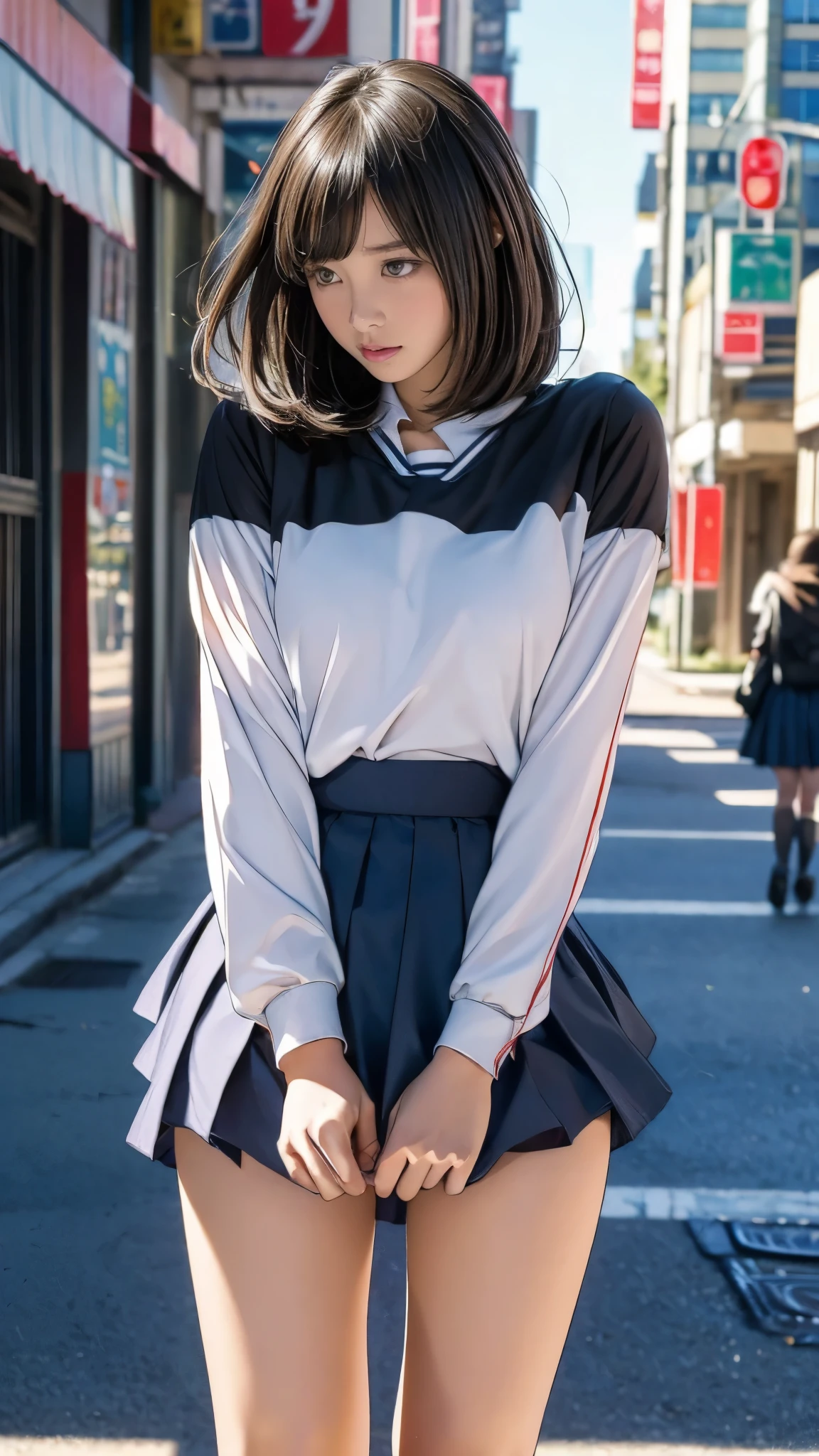 (一人の少女はcityを歩いている), (masterpiece, Highest quality, High resolution, 超High resolution, Pixel perfect, Written boundary depth, 8k, RTTX10.0), (A cute junior high school student:1.3), Cinema Lighting, Best Shadow, The best natural light, Cinematic, ((Smooth texture:0.75, Realistic texture:0.5)), Beautiful art style, ((Detailed face:1.2)), (Bobcut), Slender body,Beautiful thighs, (A skirt flipped up from the bottom by a strong wind:1.3), (panties:1.3), ((blush、Surprised expression, Embarrassed expression)), (Urban Construction Area, city, Many people々:1.3), Pulling on skirt, Manga Design, Angle from the front