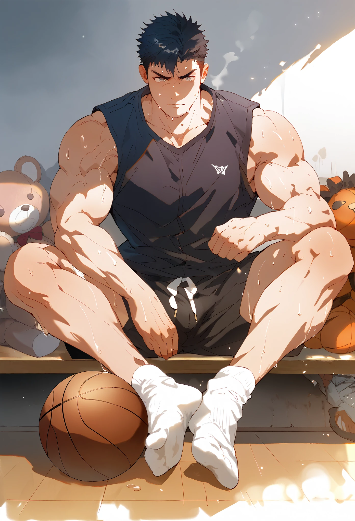 foot,1 boy,Abdominal muscles,仅have的,Bare shoulders,赤foot,basketball,Black Hair,black shirt,black shorts,black Vest,Cross your legs,foot,foot部焦点,shorten,have,Male focus,muscular,muscular female,muscular male,Chest muscles,shirt,short hair,shorts,sit,Take off your socks,Sole,Solitary,Stuffed Animals,Plush Toys,Sweat,Vest,thigh,foot趾,Bulge