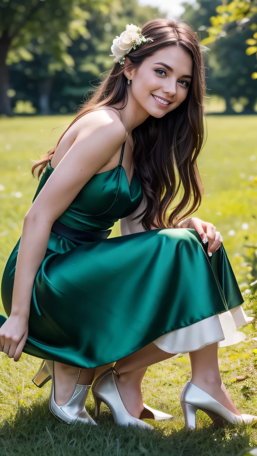 Full body Photograph of a very beautiful brunette woman, , sensual body, straight black hair, green-colored eyes, no dress, no clothing, no bra, no pants perfect body, medium breasts on display, plump red lips, full body, model pose and full body length, detailed and perfect face, perfect eyes, harmonic pose no exaggeration. Cinematic effect, flower garden image background, edited in Adobe Premiere, 8K.