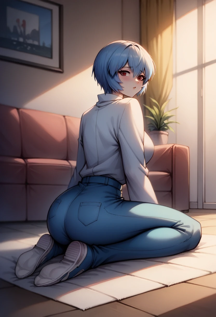 anime girl with blue hair sitting on living room floor, High Resolution Commission, Ross Tran style, 2d art, 2d art, extremely detailed artgerm, OK commission, rei ayanami, from surveillance, Lois van Baerle and Rossdraus, artgerm style, Loisch |, Short blue haired woman, ayanami