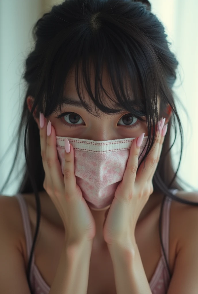 nsfw, 20 year old Japanese woman、mouth mask、Long Black Hair、Lying in a hotel bed、blouse、skirt、Legs wide open、下着のパンツがskirtの隙間からみえている