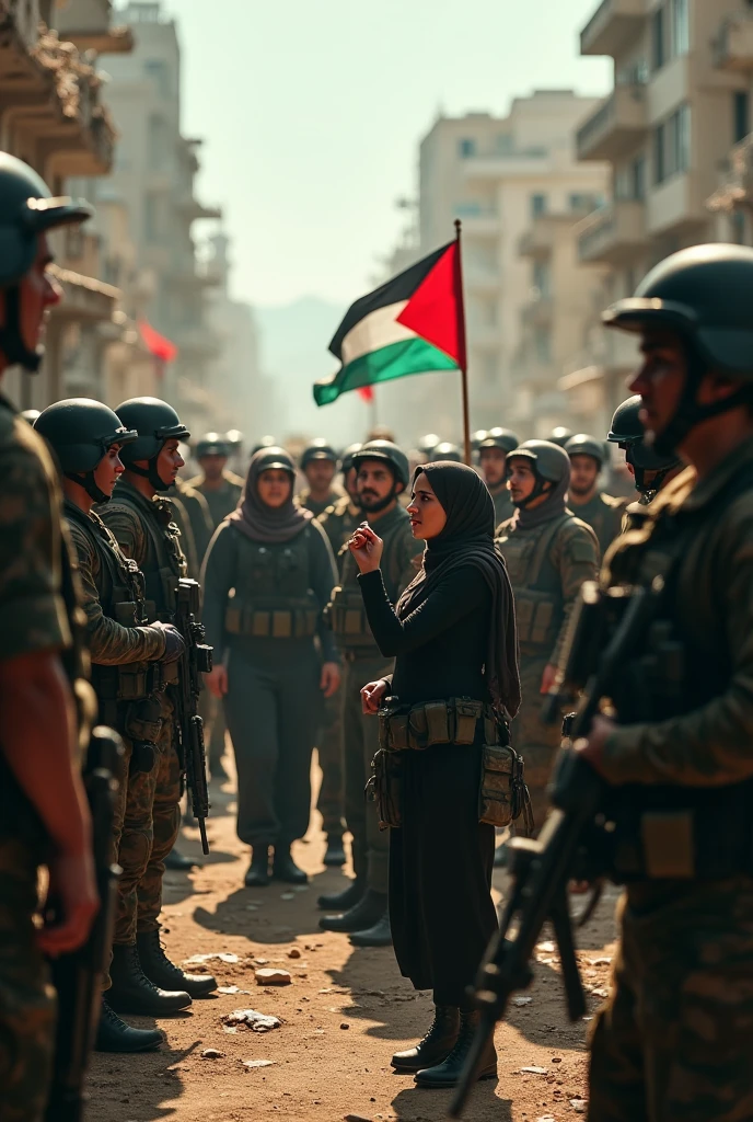 realistic,highres,reality,creative,huge filesize, a woman holding Palestine flag the city was destroyed by fire because of the war, Big Breasts, realistic, hyperdetailed, western, sharp lineart, professional lighting, deviantart, artstation, trevor henderson, rossdtaws, cinematic, dramatic, (((Palestine 🇵🇸))). background shows the destruction, buildings collapsed, rubble, fire and smoke, provide intricate details in the image. Dramatic lighting, dramatic image, Greg Rutkowski, (((Palestine flag 🇵🇸)))