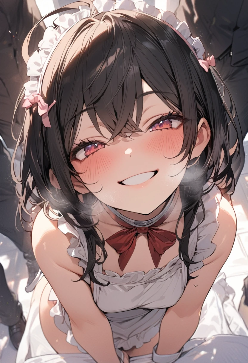Kneeling,Straight Stand,Hands behind back,Both hands tied,open mouth,tongue out,cum on tongue,1girl,((((12-year-old girl)))),Short,slender,small breasts ,front face,from front,front view,looking at viewer, looking ahead,(from above:2.0),cowboy shot,Black Hair,Short Twin Tails,Gray Eyes,Drooping eyes,slit pupils,narrow eyes.Mischievous smile,Sheer black and pink negligee,Sexy Lingerie,garter,Collar with leash,Dimly lit room,Gray wall,On the bed,Dim lighting,Beautiful and detailed anime art