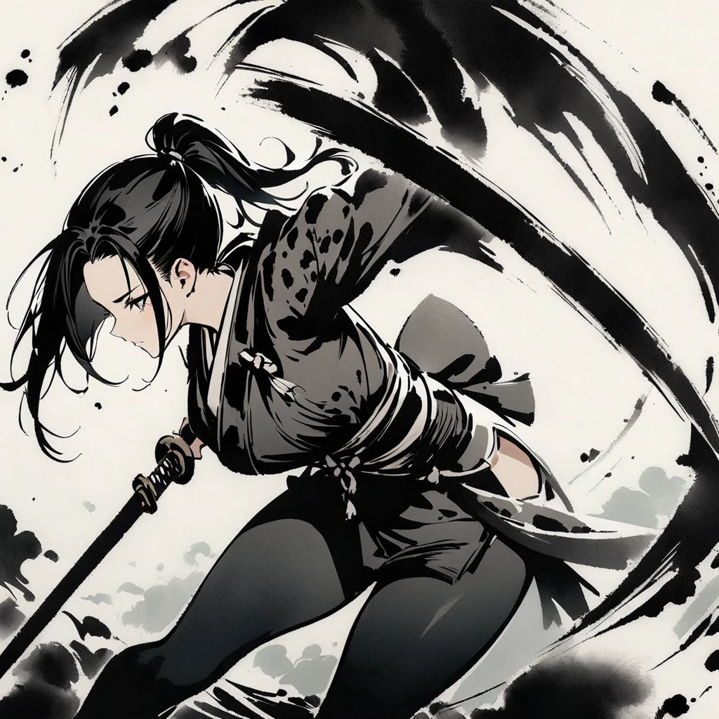 Best quality, masterpiece, high resolution, ink painting, female samurai, black hair, ponytail, holding a sword, screen-cutting effect, screen-crackling effect
