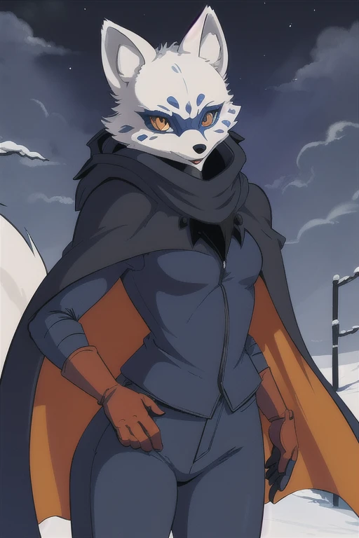 Alopex, arctic fox, furry, blue marks, tmnt, orange eyes, solo, cape, cloak, gloves, shaded bandage, pants, best quality, masterpiece, outdoor, night, standing