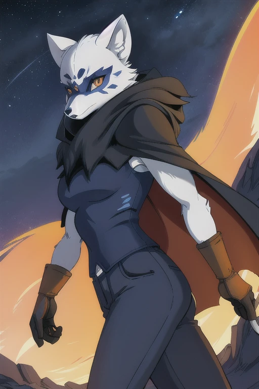 Alopex, arctic fox, furry, blue marks, tmnt, orange eyes, solo, cape, cloak, gloves, shaded bandage, pants, best quality, masterpiece, outdoor, night, standing