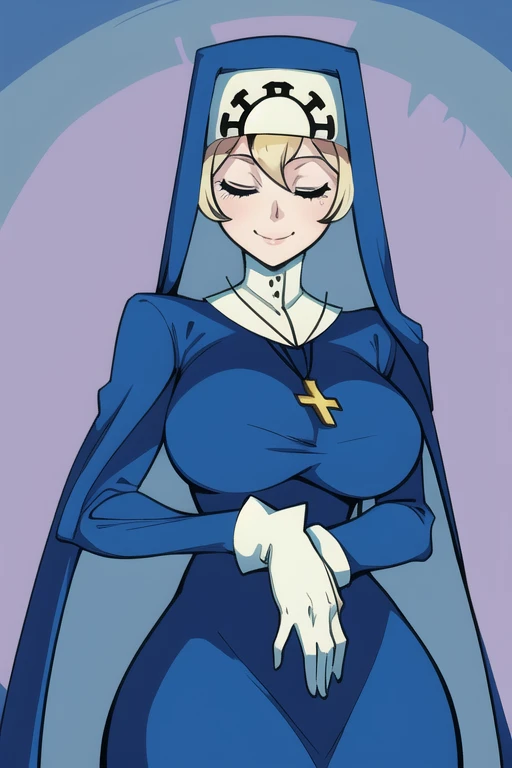 Double, short blonde hair, medium breasts, solo, smiling, cowboy shot, closed eyes, 
 blue habit, cross necklace ,white gloves, long sleeves, nun, long skirt
(insanely detailed, beautiful detailed face,beautiful detailed eyes, masterpiece, best quality) room, bedroom, sexy pose, cloak, cape