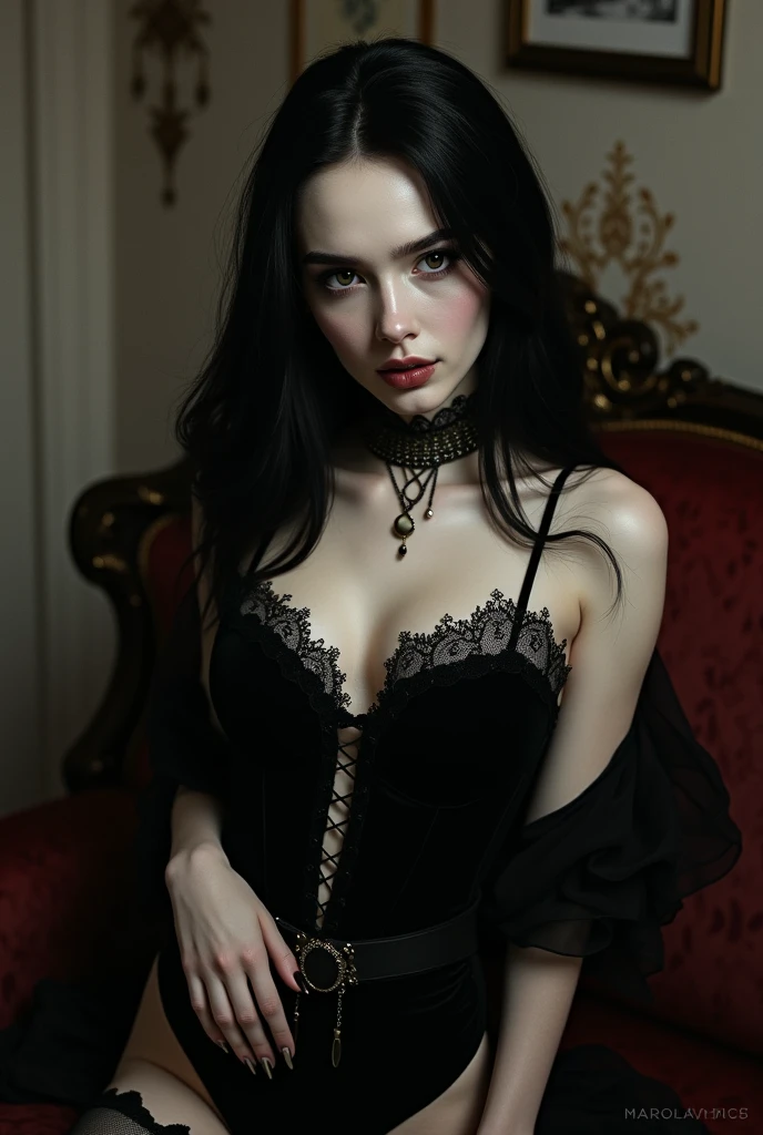 Vampire woman calm and deep look , a little sad , beautiful face , with a very pretty gothic dress, with a goblet of blood in his hand