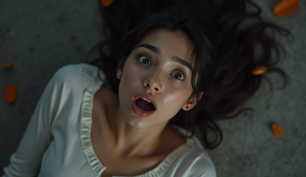 1girl,low tied hair,black hair,looking at viewer,best quality,indoors,open mouth,high quality,small breasts,hair ribbon,student,white shirt,pleated skirt,close up,cute,stocking ,(wet_clothing,:1.4)cum in mouth,close up,cum_drip,pussy_juice,(((evil smile,)))sweats,((highres, ))sitting,half closed eyes