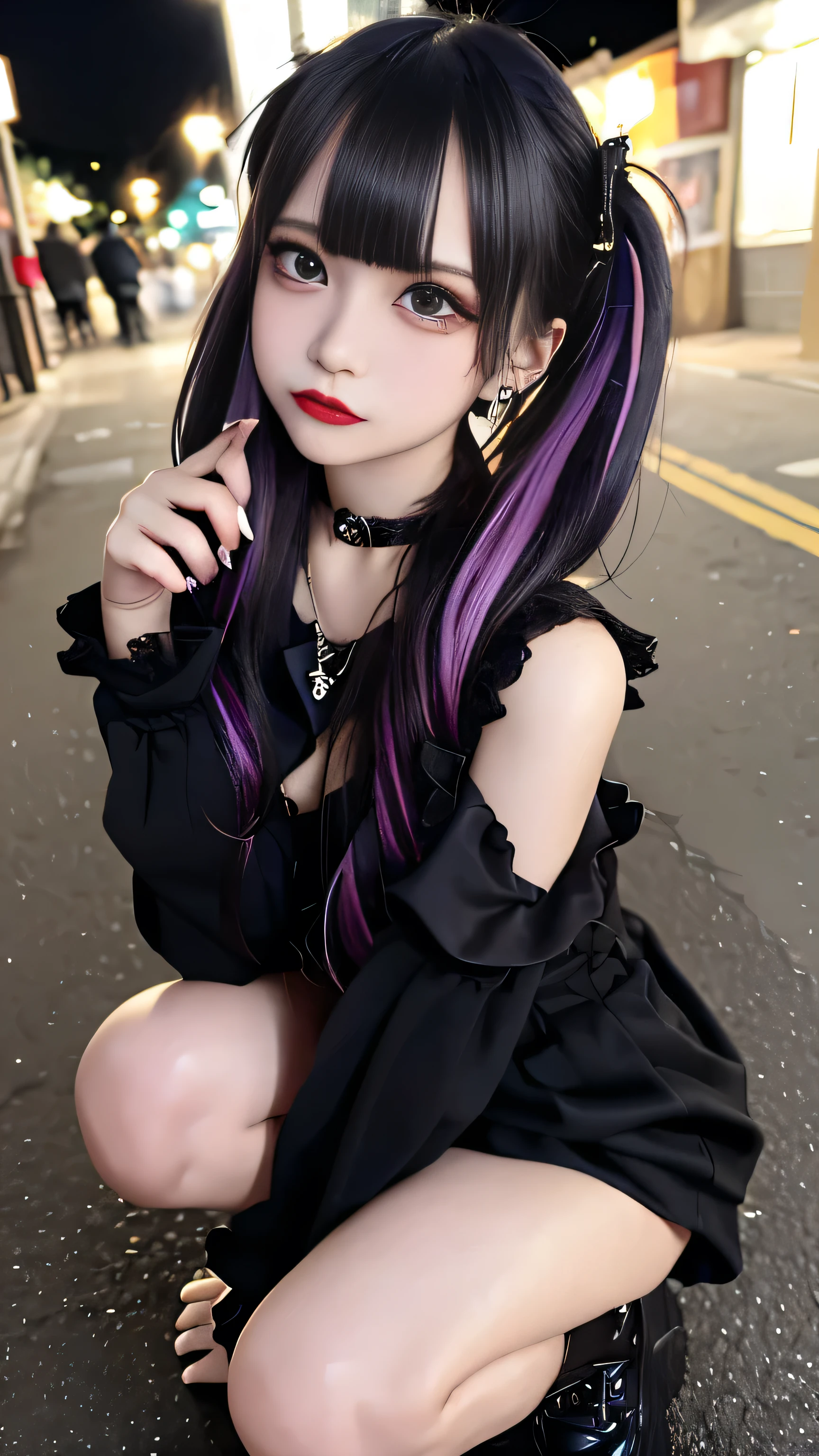 4k: ultravivid、of the highest quality, masterpiece, ultra high resolution, (reality: 1.4), 1 girl, purple eyes, cinema lighting、purple and black hair、(earrings、many earrings)、, raw photo, 8k, (premium), realist, (real image, intricate details), (Natural skin texture, detailed skin, Hyperrealism, sharpness), dirty alley at night, Graffitied wall:1.3, Skinny body, (seductive face, Chapped lips:1.3, shadow, eyeliner, Bag of tears, Red lipstick), airtight, Graffiti:1.5, trash can, evening, spot lighting:1.3, choker ,{{curls locks}},Peter Pan collar, Jirai Kei,