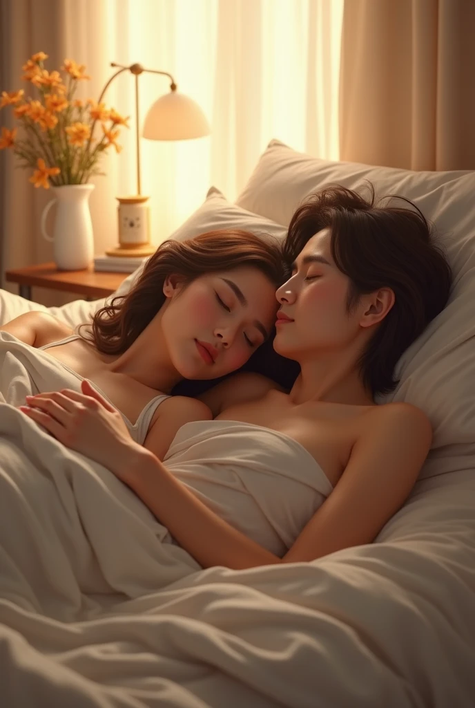 Four Japanese women relaxing in bed in their underwear,34 years old,medium long hair,28 years old,tall long hair,27 years old,shoulder-length hair,25 years old,short girl-like woman