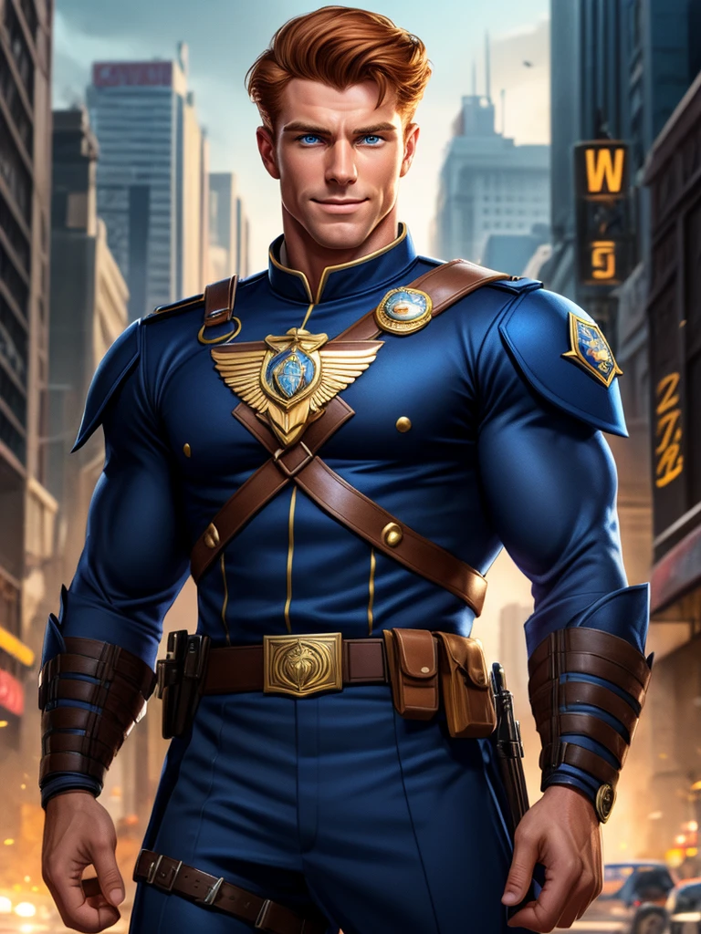 a muscular man, police officer, handsome face, 20s, ginger hair, tan skin, chiseled jawline, piercing blue eyes, sweet expression, heroic pose, tactical uniform, utility belt, police badge, stoic demeanor, nice smile, urban city background, dramatic lighting, cinematic composition, HDR, 8k, hyper detailed, photorealistic, award winning digital art